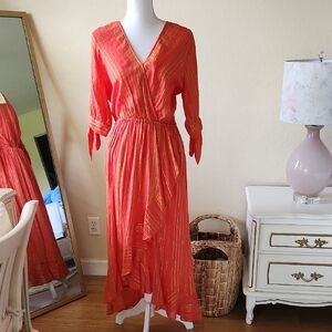 NWT Michael Kors Bright Orange Metallic Gold Pinstripe Lightweight Dress M Flowy